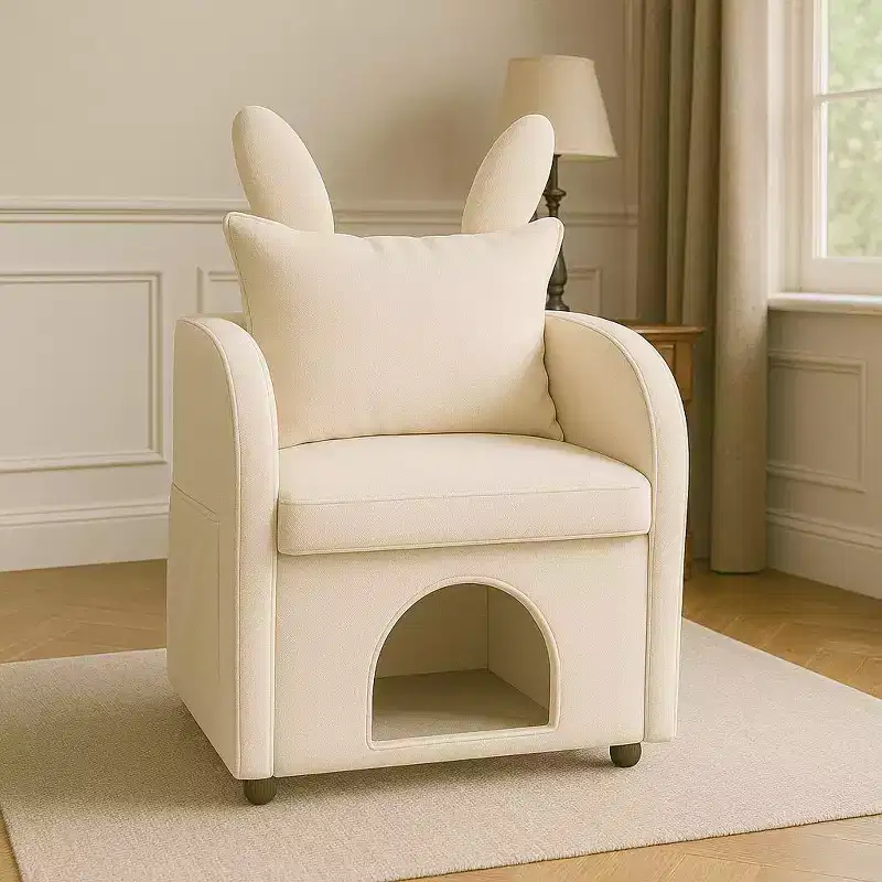 Simple Cute Bunny-Ear Armchair with Built-in Cat & Dog Hideaway, Pet-Friendly Single Sofa Chair for Bedroom, Living Room