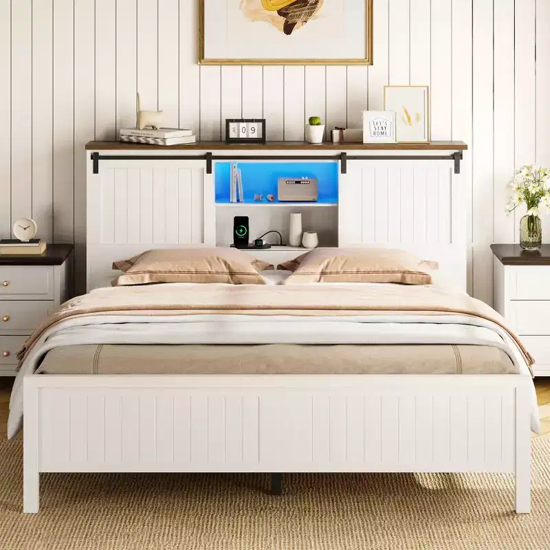 Bed Frame Upholstered with Storage, Metal Frame with Wood Lath Support, No Box Spring Needed, Easy Assembly