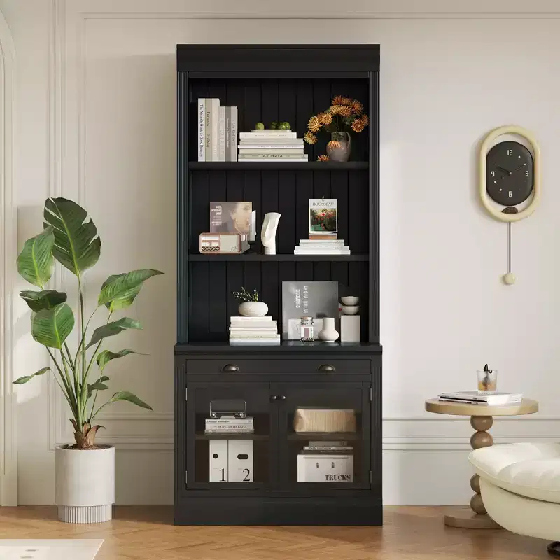 83.4Tall Bookshelf, Storage Bookcase with Open Shelves, 2 Glass Doors & 1 Drawer for Living Room, Bedroom, Office - ModernLuxe