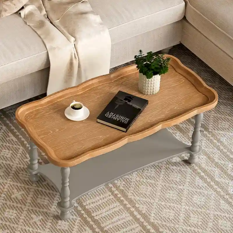 French Farmhouse Coffee Table with Natural Tray Top and Shelf