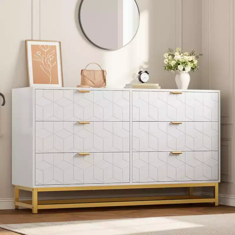 DobleePy White 6-Drawer Dresser with Gold Metal Legs, 53.5 Wide Large Storage Chest for Bedroom, Living Room, Entryway
