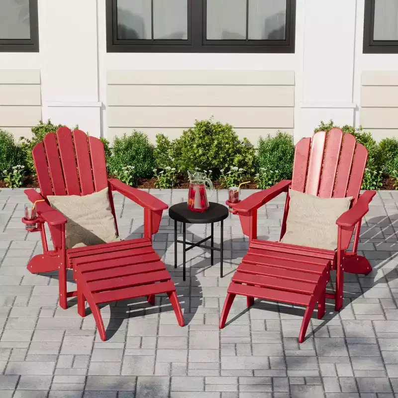WestinTrends Highland 4-Piece Outdoor Patio HDPE Adirondack Chairs With Ottomans and Cup Holder Set, Red