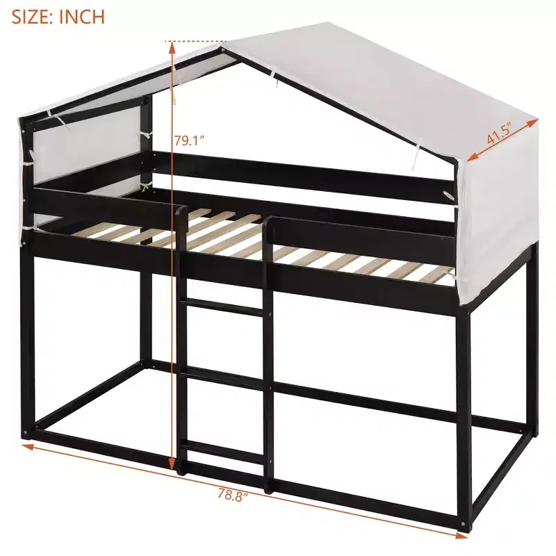 Bellemave Twin Over Twin House Bunk Bed with Ladder, Tent and Guardrails, Black