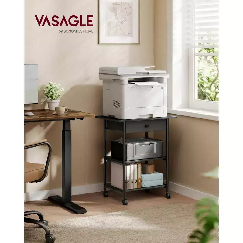 VASAGLE Printer Stand, Rolling Printer Cart, Mobile with Lockable Wheels, Steel Frame, 2 Storage Shelves Removable Drawer, 3-Tier, Ebony Black