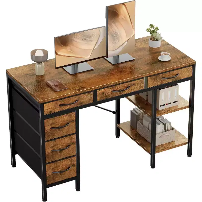 TUYOHW 47/55 Computer Desk with 6 Fabric Drawers & Open Storage Shelves,Writing Desk for Home Office Work Studying Room,Gaming Room