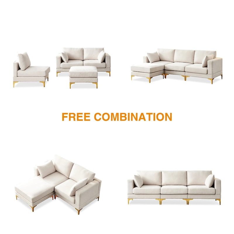 Christopher Knight Home - Beige L-Shape Sectional Sofa with Gold Metal Legs and Ottoman