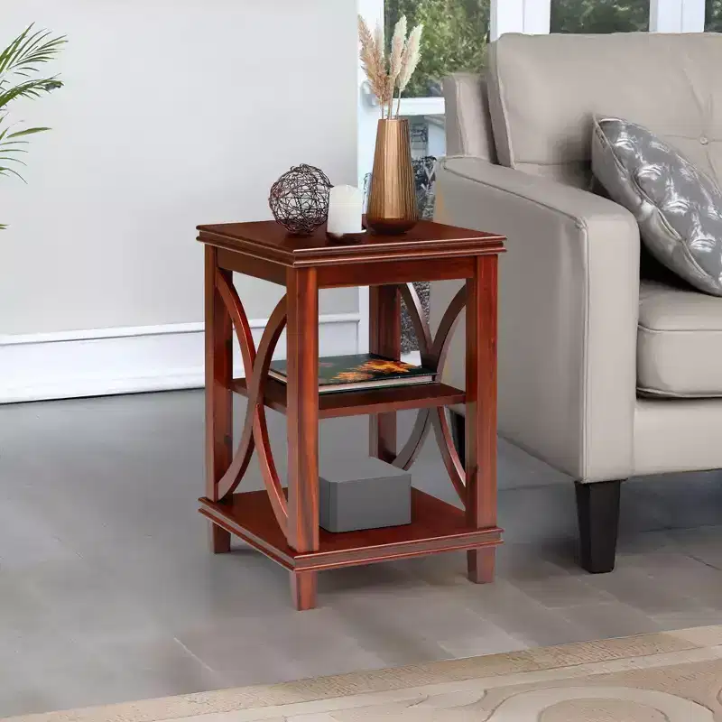 Solid Wood Square Sofa, End Table with X-Design, Side Table with Storage Shelves, Cherry