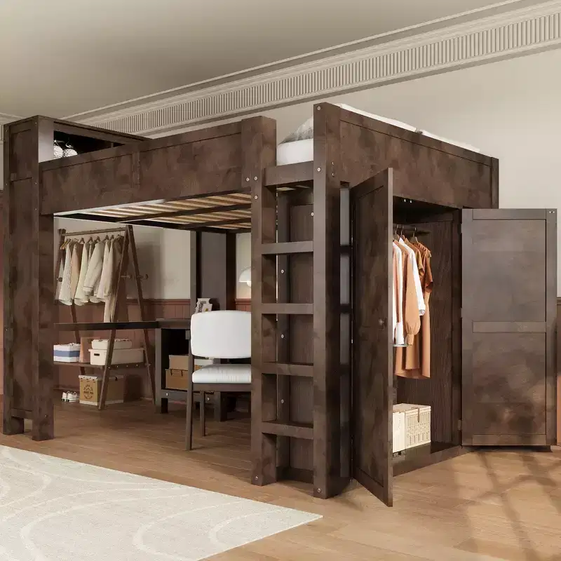 Whisen Wooden Queen Loft Bed Frame with Wardrobe and Desk, Built-In Headboard with Storage