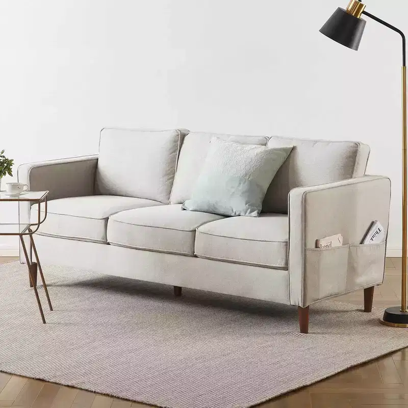 Modern Linen Fabric Sofa with Armrest Pockets