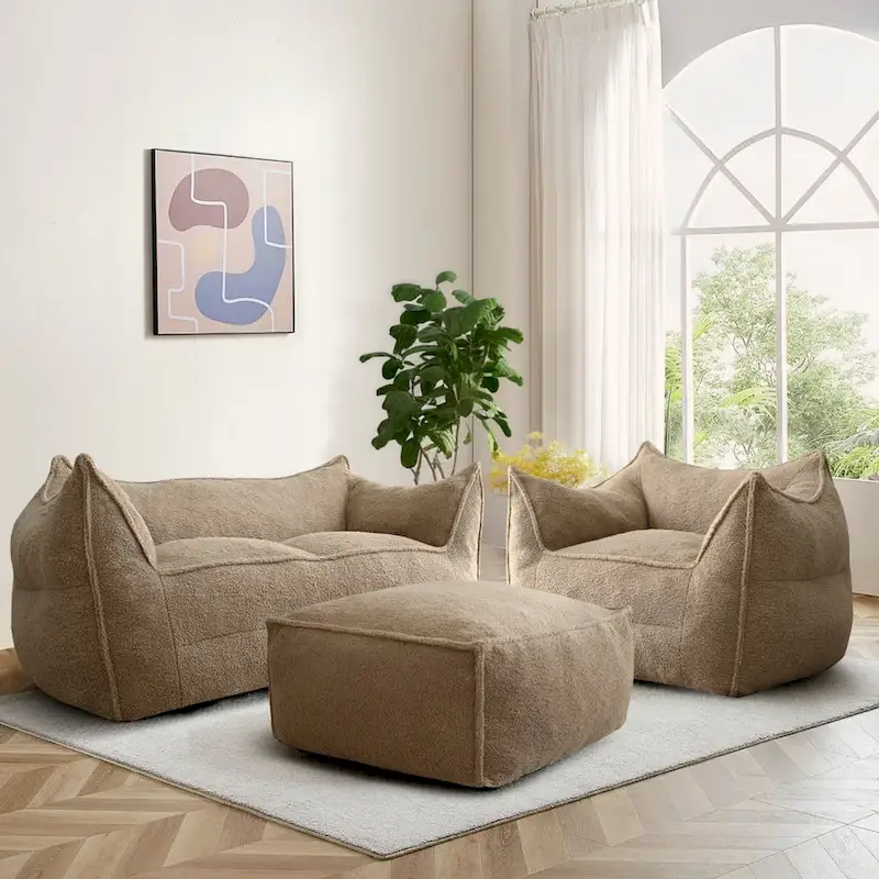 Lazy SofaTeddy Faux Fabric Couch Living Room Sofa Bean Bag Chair with Memory Foam