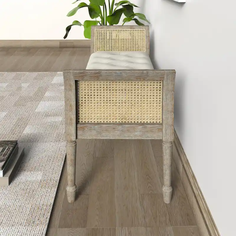 Dilwen Wooden Tufted Upholstered Bench with High Flared Rattan Arms