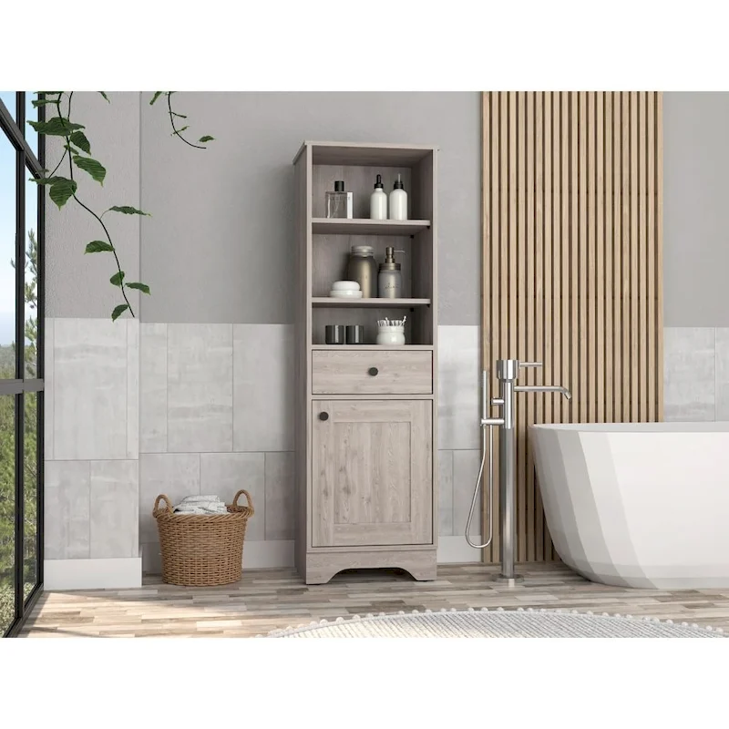 FM Furniture Alaskan Linen Cabinet with Drawer, 3 Open Shelves, and Single Door Cabinet