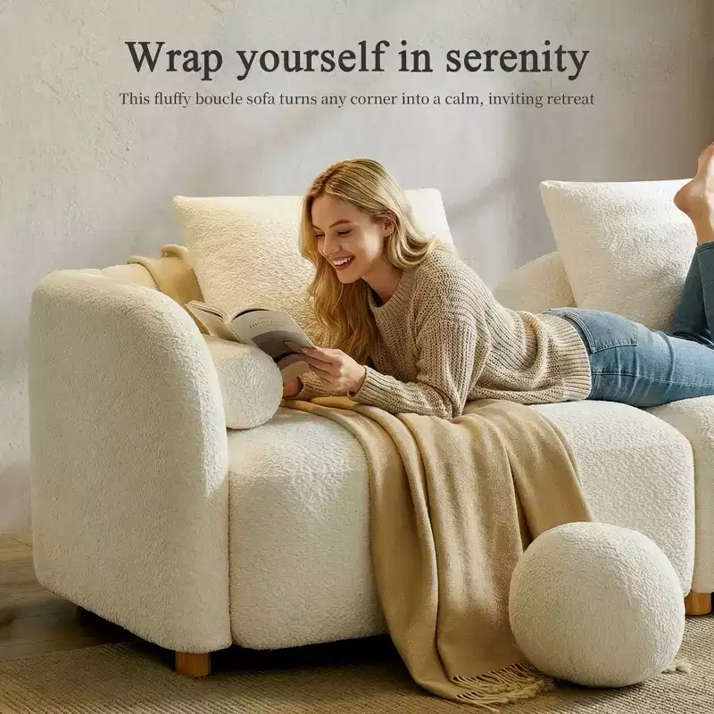 Modern Boucle Sofa with Extra-Thick Plush Cushion and Deeper Seat, 91.75W, Beige, Solid Wood Legs