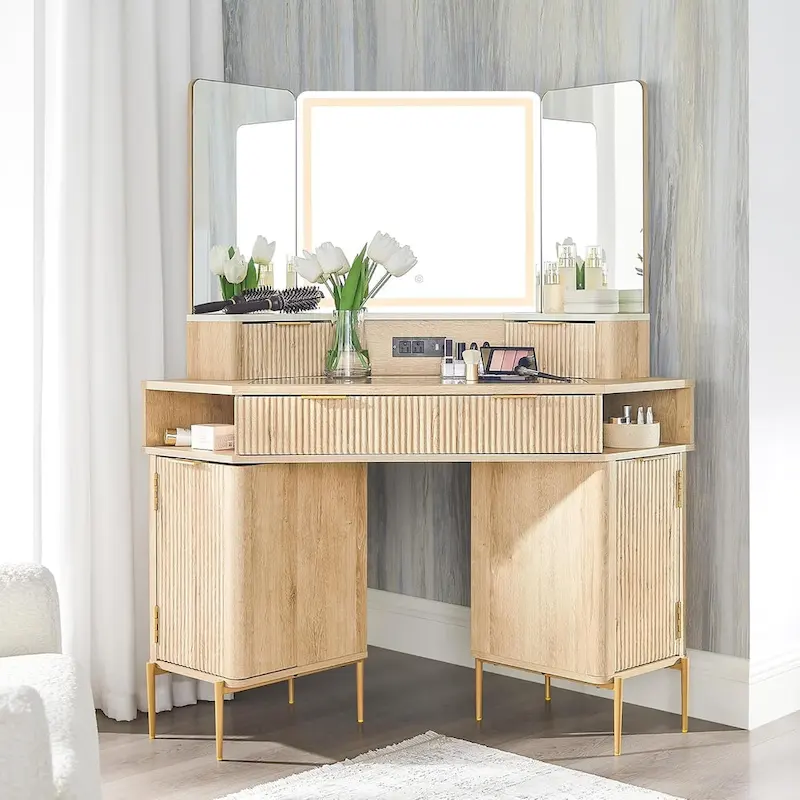 Modern Fluted Makeup Vanity Desk with 3 Way Mirror&Light, Vanity Table