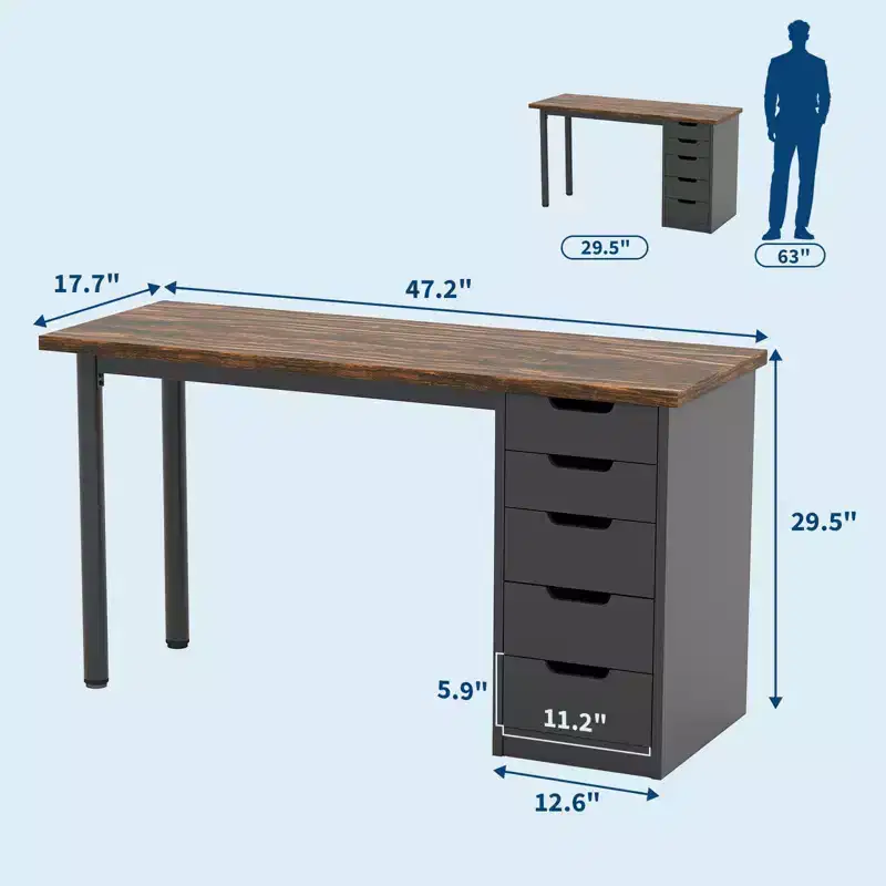 47 Inch Computer Desk with 5 Storage Drawers, Reversible Modern Rustic Study Writing Table, Home Office Workstation for Small Spaces