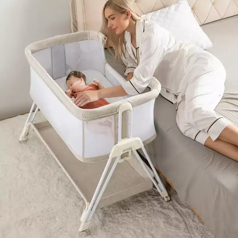 Baby Bassinet Bedside Sleeper with Wheels & Storage Tray, Portable Crib for Newborns