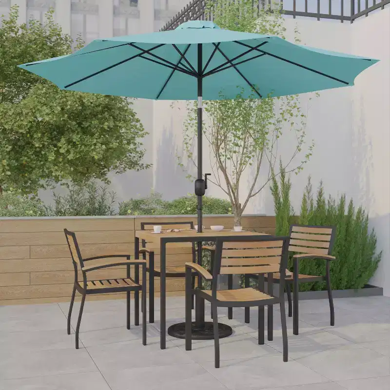 Emma and Oliver 7 Piece Patio Table Set - 4 Synthetic Faux Teak Stackable Chairs - Faux Teak Table - Umbrella with Base