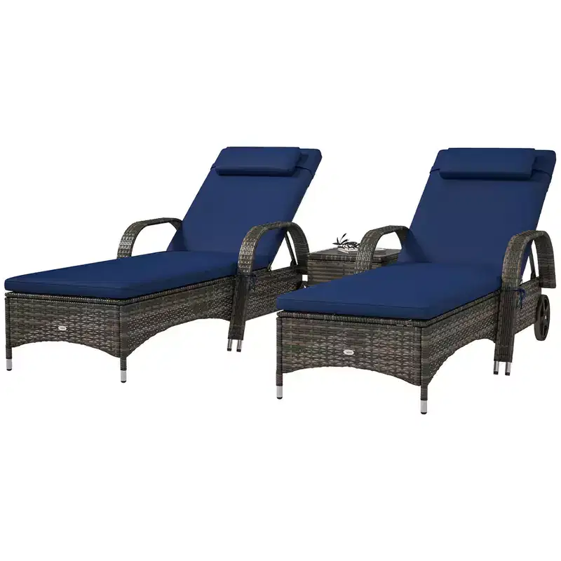 Patio Wicker Chaise Lounge Chair Set of 2 with Table, Adjustable Backrest, Wheels, Cushion & Headrest
