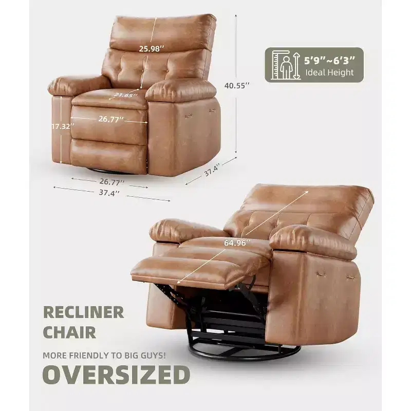 Acekool Oversized Manual Recliner Chair, Faux Leather Lounge Chair with Padded Arms, Wide Seat & Side Pocket for Living Room, Bedroom, Brown