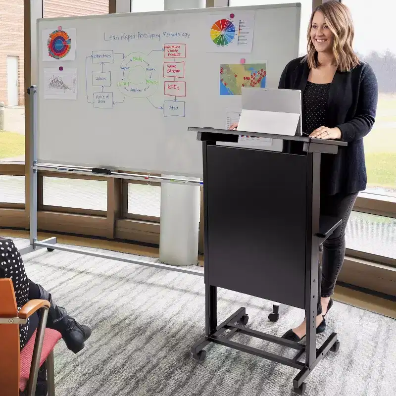 Mobile Adjustable Height Rolling Lectern Podium with Heavy Duty Steel Frame