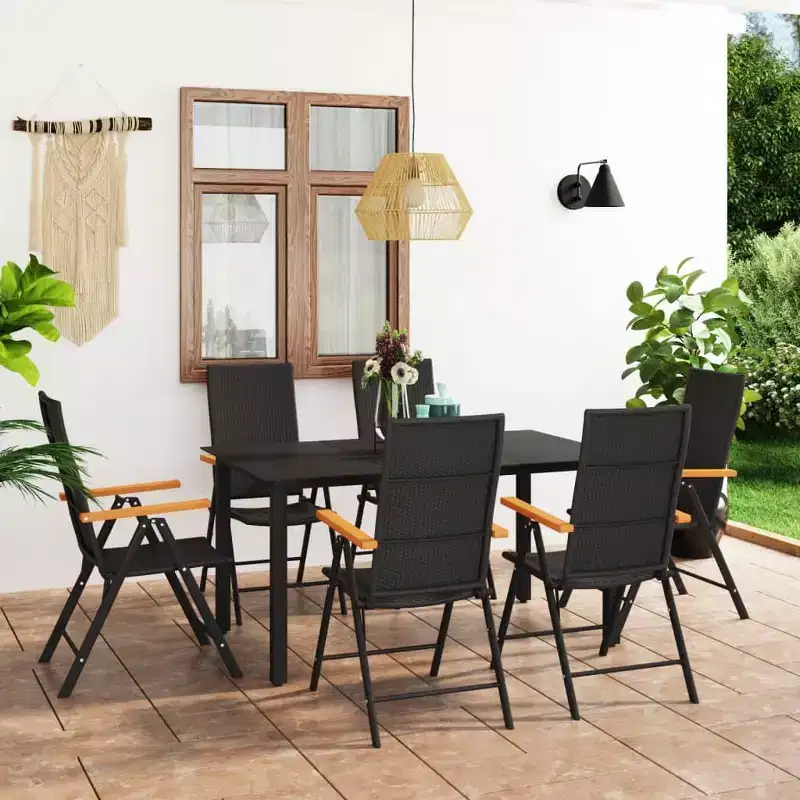 vidaXL Dining Set Black and Brown PE Rattan, WPC, Glass, Aluminum