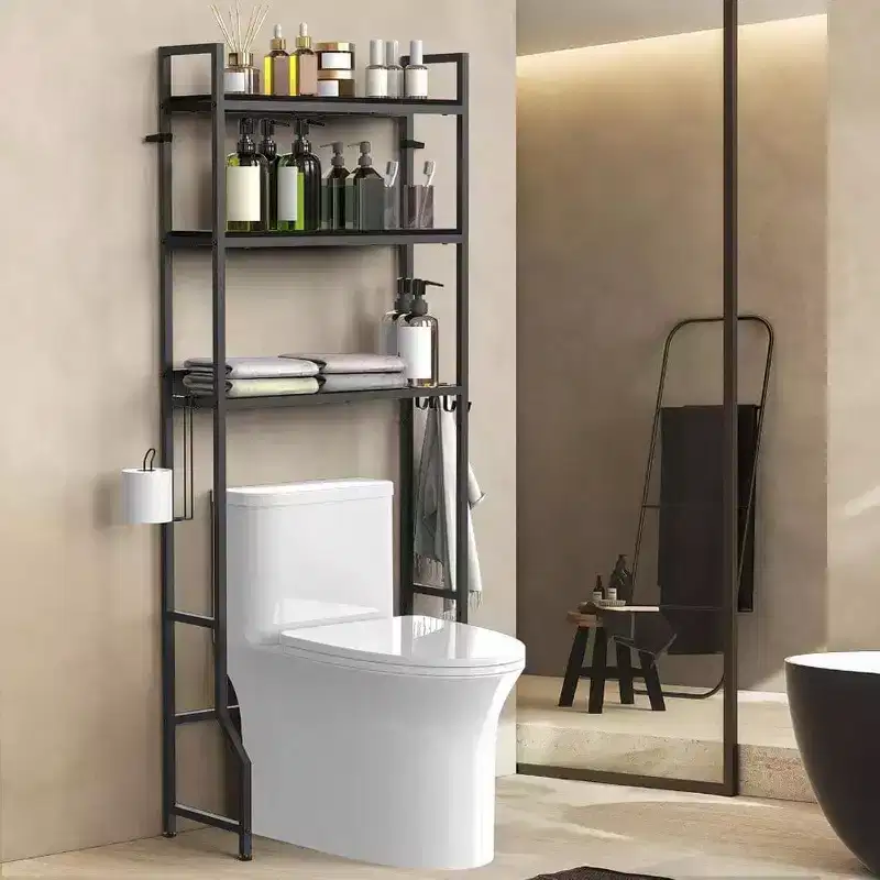 Over Toilet Storage 3 Tier Wooden Bathroom Organizer Black Space Saver Freestanding Above Toilet Stand with 4 Hooks Restroom Laundry