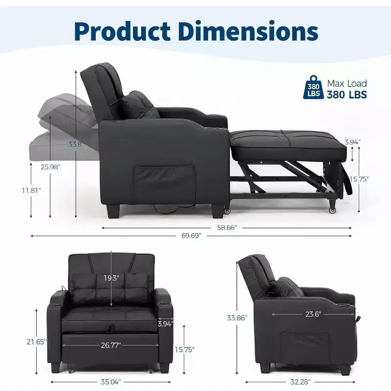 4 in 1 Convertible Sleeper Chair Bed With Vibration Massage Lumbar Pillow, USB/Type-C Port for Small Spaces