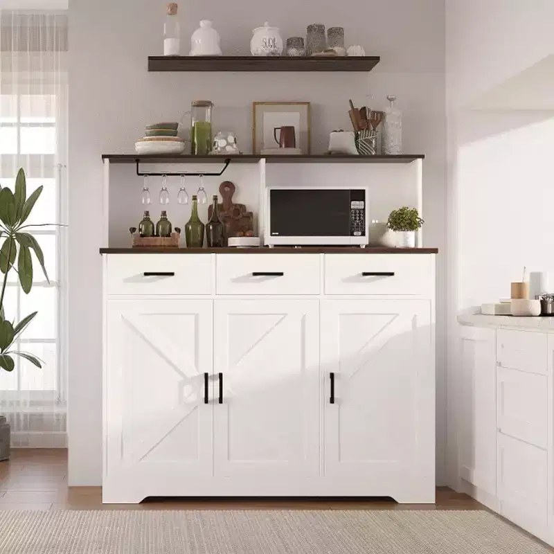Buffet Cabinet with Storage, Large Wood Coffee Bar Cabinet with Drawers, Doors and Shelves, Farmhouse Kitchen Sideboard Table for Home