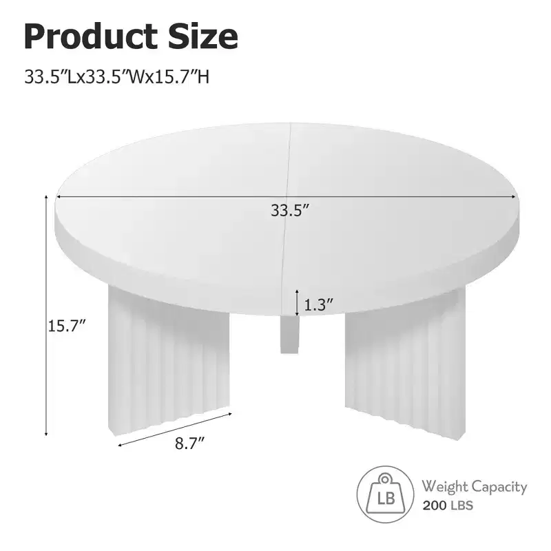 Modern round coffee table  3.3 cm thick top  Elegant fluted legs  Ideal for living room/bedroom  Easy assembly  white wood finish