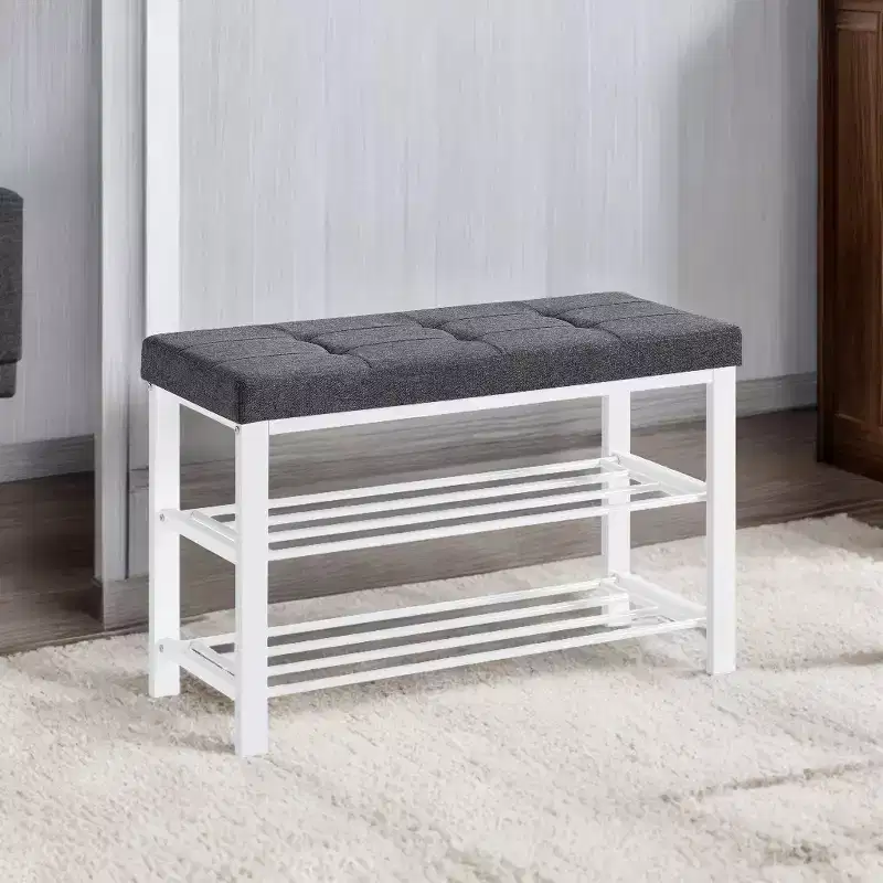Shoe Bench, Storage Bench, Entryway Bench with Cushion, Shoe Shelf with Seat, Storage Organizer with Foam Padded Seat Linen Metal Frame