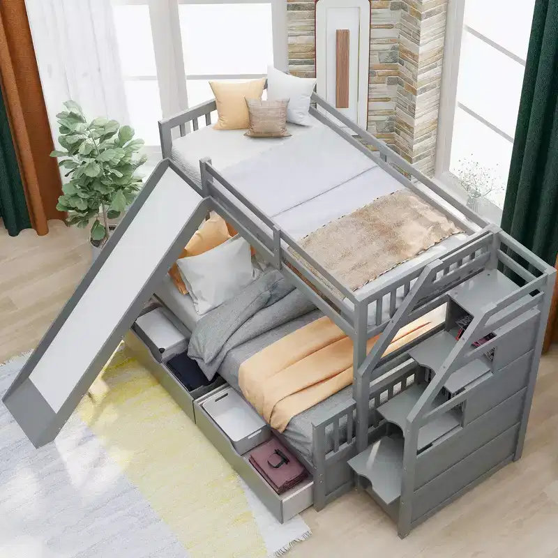 Whisen Twin over Full Bunk Bed with Drawers, Storage and Slide, Multifunction