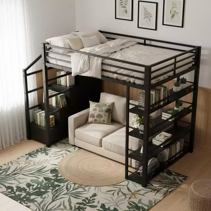 Queen Size Metal Loft Bed with Storage Shelves, Cabinets and Wardrobe