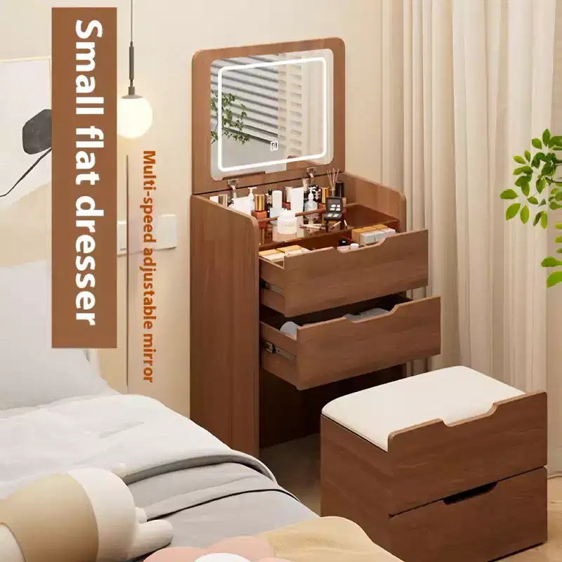 Vanity Desk with Plip Top Mirror,Small Make Up Vanity Set with Visible Glass Desktop, Compact Makeup Vanity with 3 DrawersWalnut