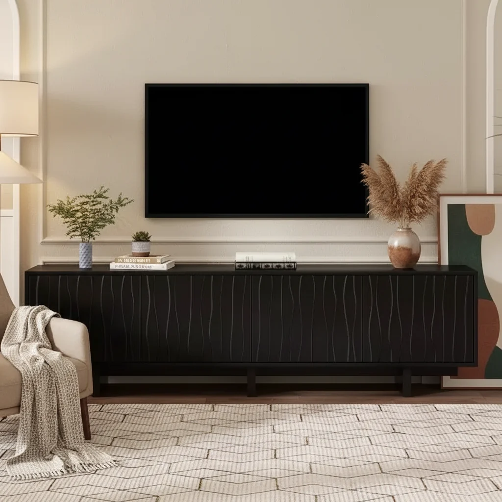 Retro Wood Grain TV Stand with Corrugated Doors, Fits TVs up to 75
