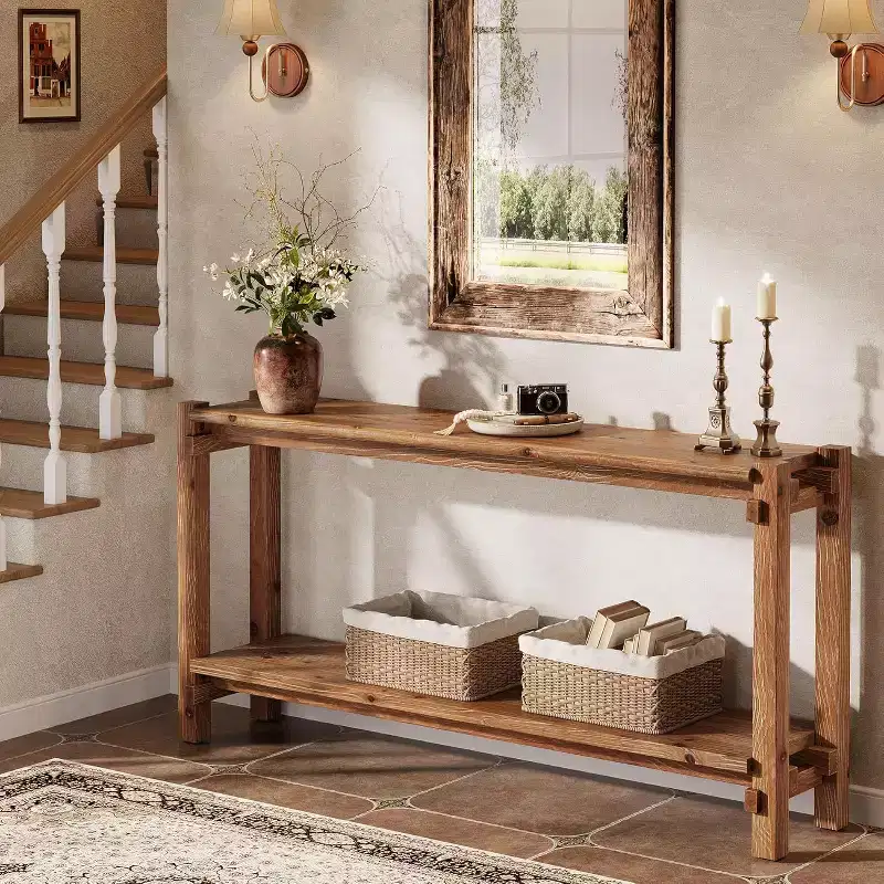 Solid Wood Console Table, Narrow Entryway Table with Storage for Living Room, Entrance, Behind Sofa, Brown