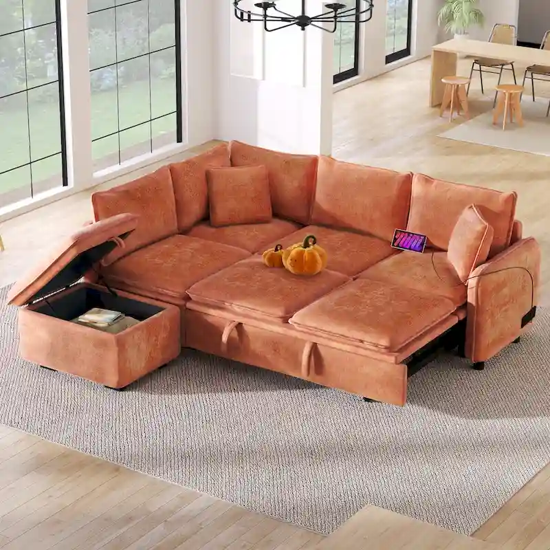 Convertible Sofa Bed Sectional Sofa Sleeper L-shaped SofaOttoman,Two Pillows, Power Sockets and USB , Orange