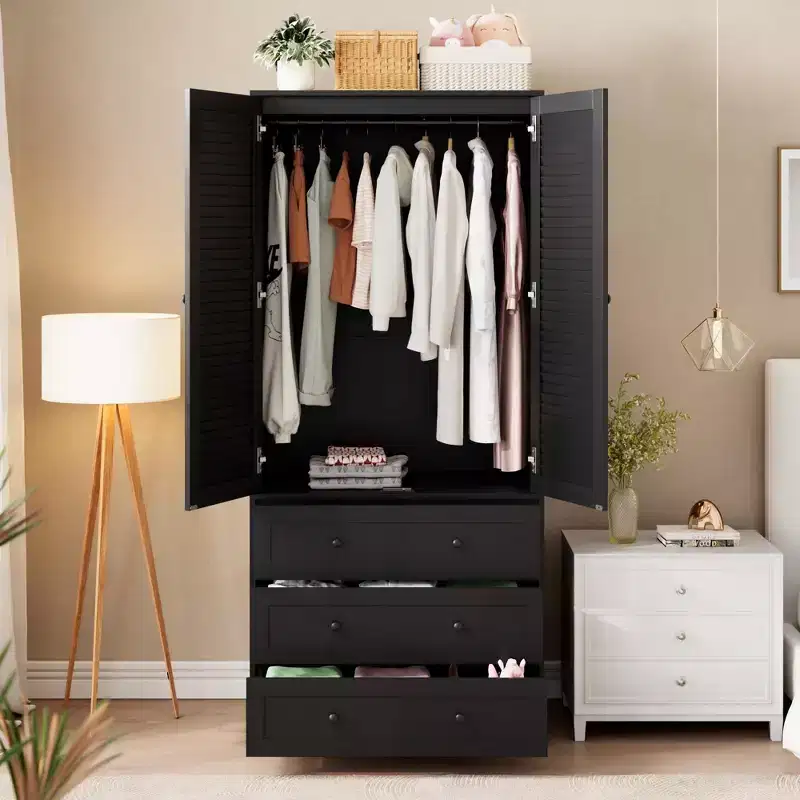Armoire Wardrobe Closet with Drawers, 69.5 in Wooden Wardrobe Cabinet with Hanging Rod, 2 Doors Clothing Storage Cabinet for Bedroom