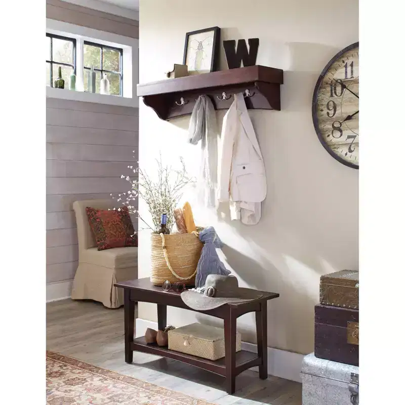 Alaterre Furniture Shaker Cottage Tray Shelf Coat Hook with Bench Set Espresso: Entryway Organizer, Wood Hall Tree