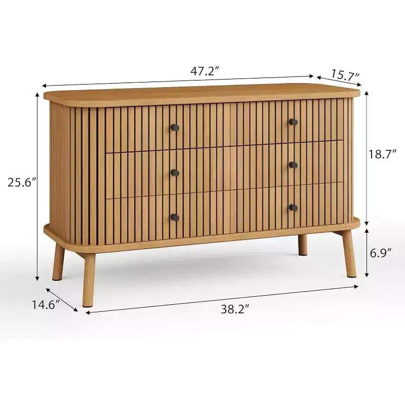 Acekool 6-Drawer Mid-Century Dresser  Natural Wood Storage with Black Accents