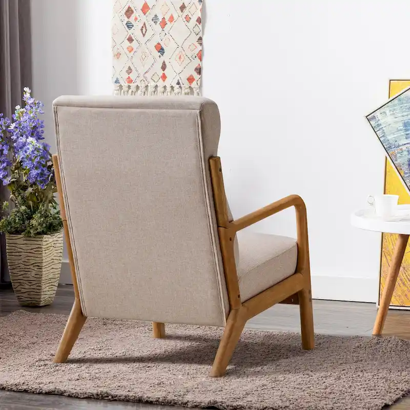 Upholstered Linen Blend Accent Chair with Wooden Legs and One Pillow