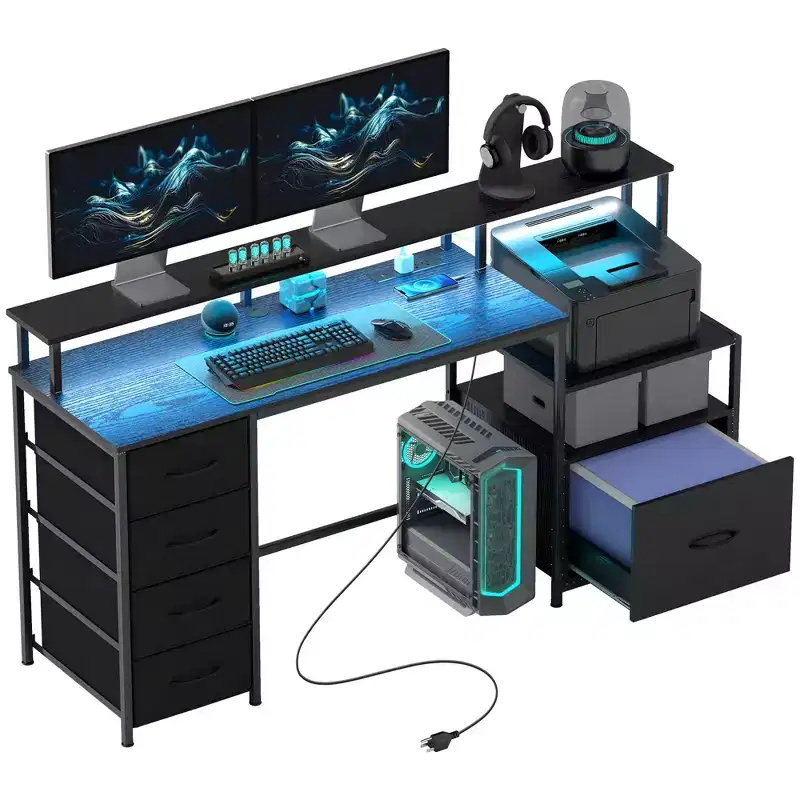 67 Computer Desk with File Cabinet, Home Office Desk with Power Outlets and LED Lights, Monitor Stand and Printer Shelf
