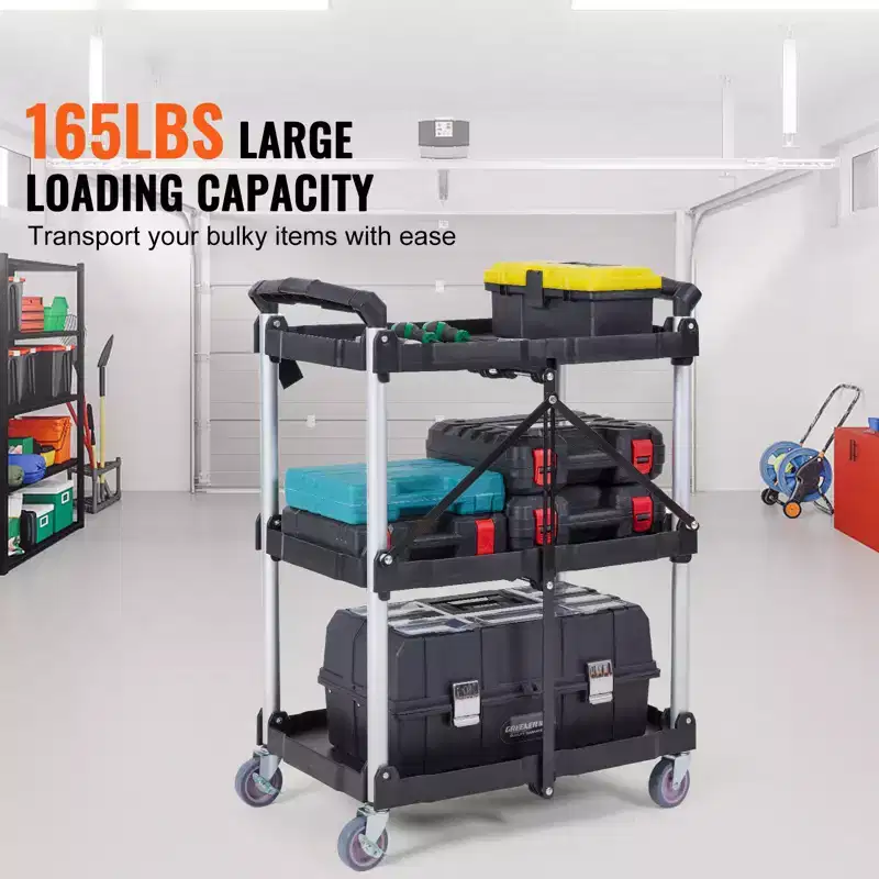 Foldable Utility Service Cart, 3 Shelf 165LBS Heavy Duty Rolling Cart, Portable Garage Tool Cart for Warehouse/Office/Home