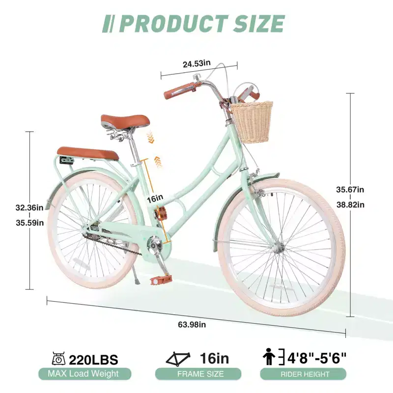 NAYSAYE Women Beach Cruiser Bike with Front Basket & Sturdy Frame for Comfortable Outdoor City Commuting, Green, 63.98*24.53*38.82