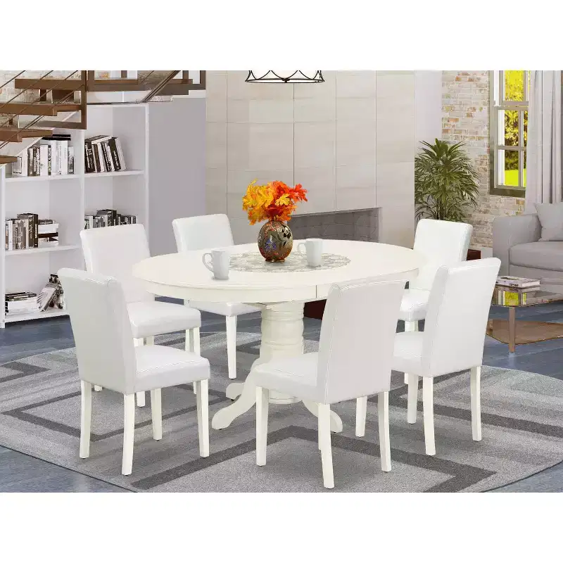 Dinette Set 7Pc Oval Table w/ Leaf & 6 Chairs - White PU Leather - Tuscan Style