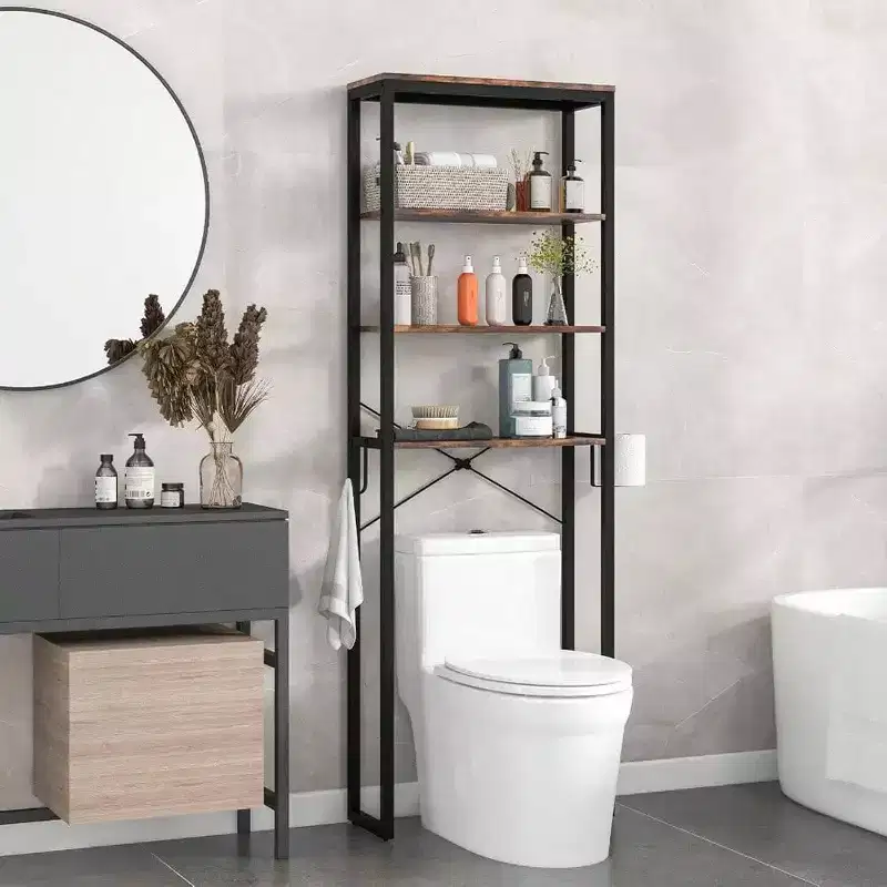 Bathroom Over Toilet Storage Rack 4 - Tier Industrial Organizer Shelf with Toilet Paper Holder Hook Multifunctional Freestanding