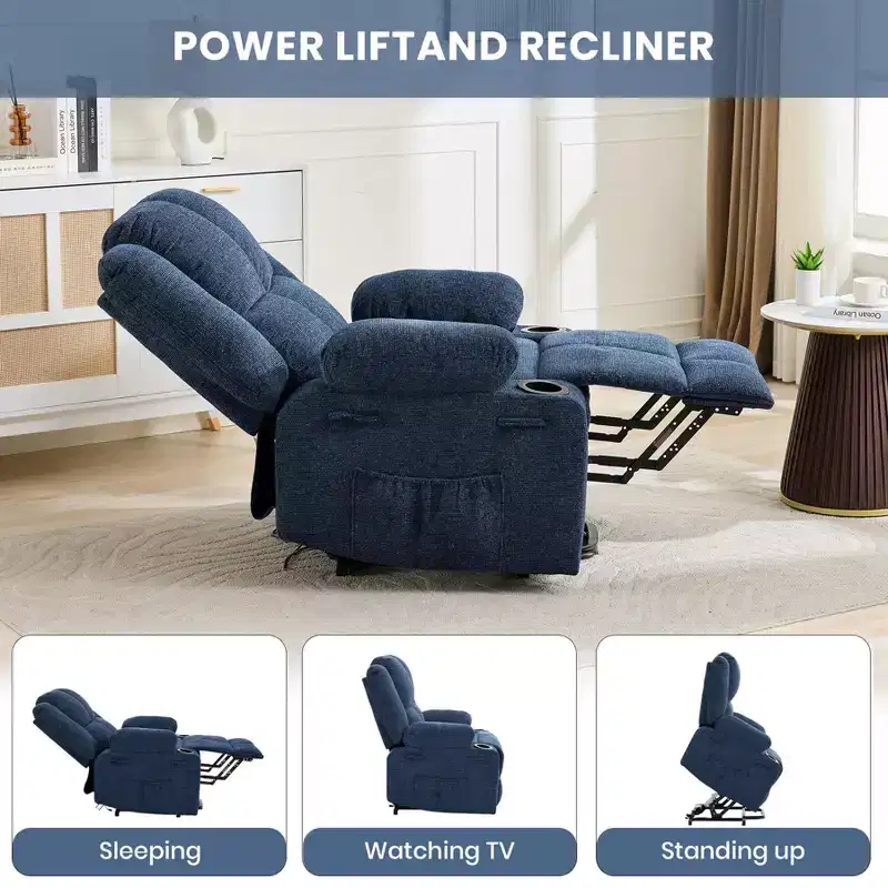 Power Lift Recliner Chair with Massage, Oversized 155 Lay Flat Electric Recliner for Elderly, Stand Assist with 2 Cup Holders, Living Room Chair