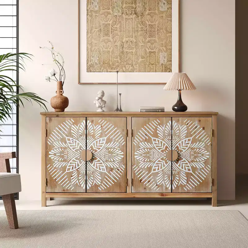 MAYEERTY 60 Wood Accent Cabinet with 4 Doors Brown and Antique White Modern Pantry Cabinet for Living Room Bedroom