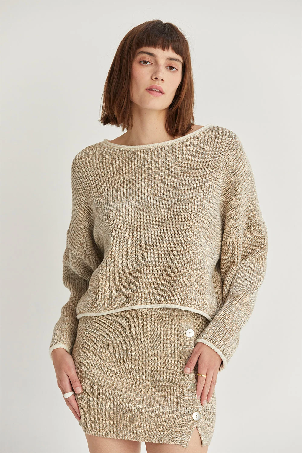 Marled Cotton Sweater Mini Skirt with Faux Button Detail