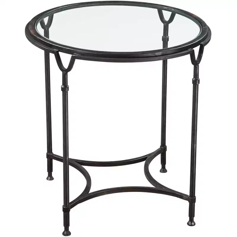Uttermost Modern Steel Round Accent Side End Table 24 1/2 Wide Aged Black Clear Glass Tabletop for Living Room Bedroom Entryway