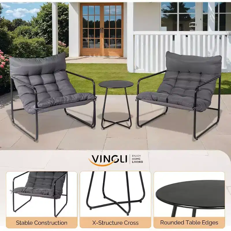 VINGLI 3 - Piece Patio Chair Set with Side Table, Outdoor/Indoor Chairs with Thick Cushions, Heavy Duty 400 LBS Capacity, Grey